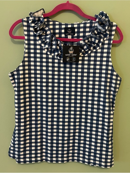 Sailor Sailor Tops - Sailor Sailor Navy and White Gingham Ruffle-Trim Tank Top